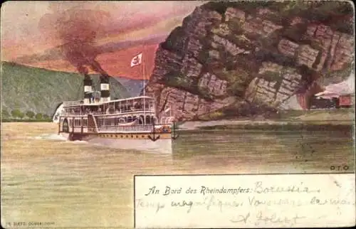 Künstler Litho Dampfer auf dem Rhein, Loreley-Felsen