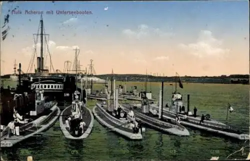 Ak Deutsches Kriegsschiff, Hulk Acheron, Deutsche U Boote, Unterseeboote, SM U 13, U 5, U 11, U 8