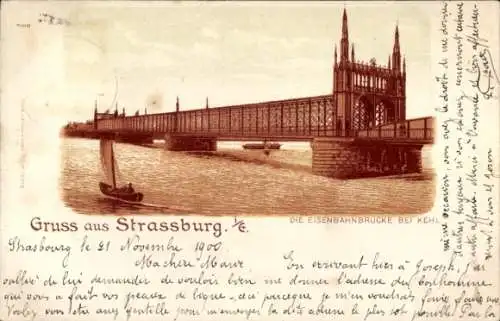 Ak Strasbourg Straßburg Elsass Bas Rhin, Eisenbahnbrücke bei Kehl