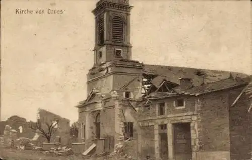 Ak Ornes Meuse, zerstörte Kirche