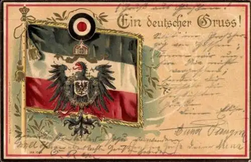 Präge Wappen Litho Ein deutscher Gruß, Kaiserreichsfahne, Preußischer Adler