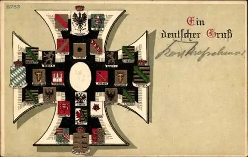 Präge Ak Ein deutscher Gruß, Eisernes Kreuz, Wappen, Kaiser Wilhelm II.