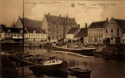 Ak Furnes Furnes Westflandern, Canal und St. Joseph's College