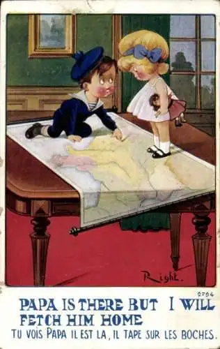 Künstler Ak Right, Kinder auf der Weltkarte, Papa is there, but I will fetch him Home