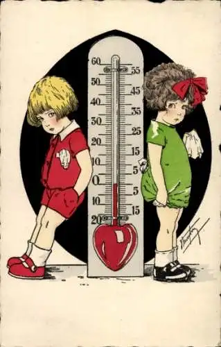 Künstler Ak Junge und Mädchen neben einem Liebes-Thermometer