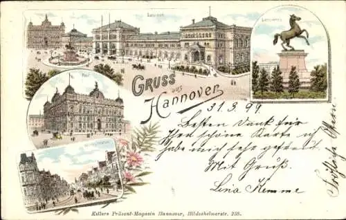 Litho Hannover in Niedersachsen, Bahnhof, Post, Sachsenross