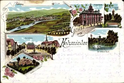 Litho Holzminden an der Weser, Postgebäude, Haarmannsdenkmal, Marktplatz, Stadtpark, mittlerer Teich