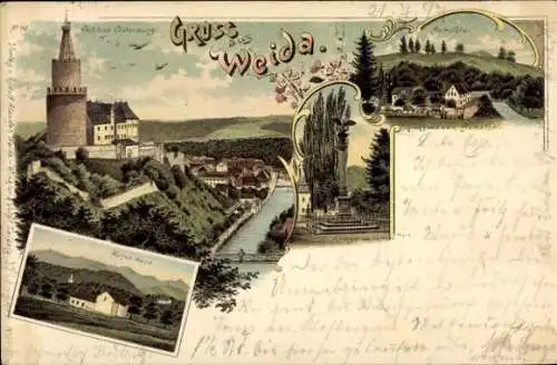 Litho Weida in Thüringen, Panorama, Aumühle, Kriegerdenkmal, Schloss Osterburg, Hohes Haus