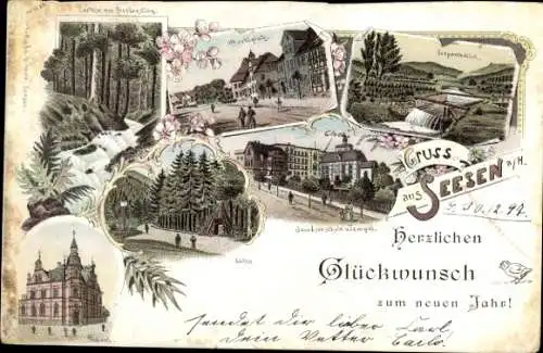 Litho Seesen am Harz, Marktplatz, Kurpark, Jacobsenschule, Tempel, Köthe, Postamt