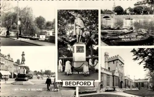 Ak Bedford Bedfordshire England, Bunyan-Statue, Brücke, Swan-Hotel, Bedford-Modern-School