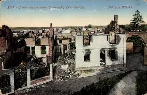 Ak Somme Py Marne, Zerstörungen, I. WK