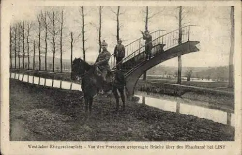 Ak Liny devant Dun Meuse, Von Franzosen gesprengte Brücke über den Maaskanal