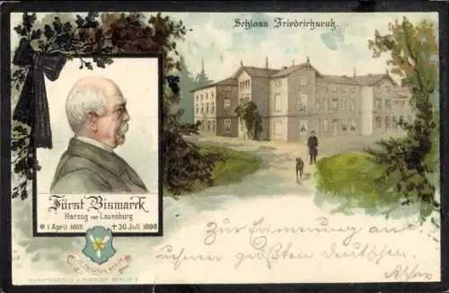 Litho Friedrichsruh Aumühle in Lauenburg, Schloss, Fürst Otto von Bismarck, Herzog zu Lauenburg