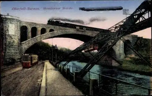 Ak Wuppertal Elberfeld Barmen, Sonnborner Brücke, Zeppelin, Schwebebahn, Straßenbahn, Eisenbahn