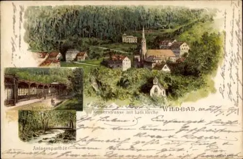 Litho Bad Wildbad im Schwarzwald, Kernerstraße, Kath. Kirche, Trinkhalle, Anlagen