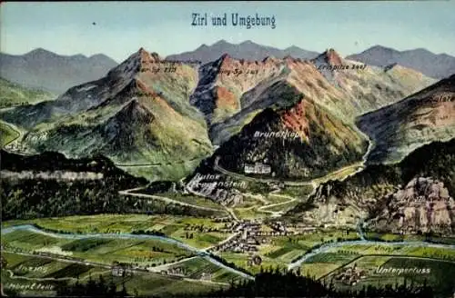 Künstler Ak Felle, Eugen, Zirl in Tirol, Ruine Fragenstein, Landkarte, Unterperluss, Brunstkop, Inn