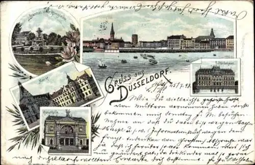 Litho Düsseldorf am Rhein, Brunnen in der Königsallee, Markt, Kunsthalle, Ständehaus