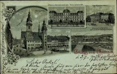 Mondschein Litho Chemnitz in Sachsen, Marktplatz, Gymnasium, Zentralwerkstätten, Naturheilanstalt
