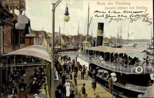 Ak Flensburg in Schleswig Holstein, Dampfer-Abfahrt vom Pavillon