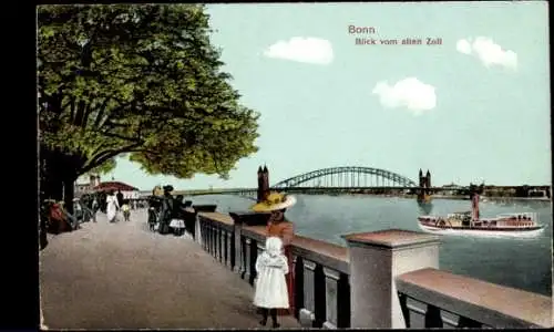 Ak Bonn am Rhein, Teilansicht, Promenade, Brücke, Schiffe, Blick vom alten Zoll