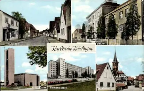 Ak Karlsruhe Knielingen, Neufeldstraße, Schule, Siemens Werk, kath. Kirche, ev. Kirche