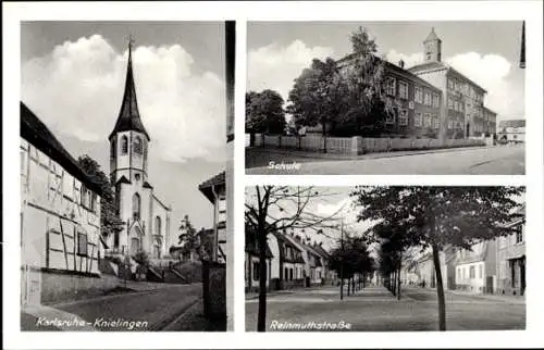 Ak Knielingen Karlsruhe in Baden, Kirche, Schule, Reinmuthstraße