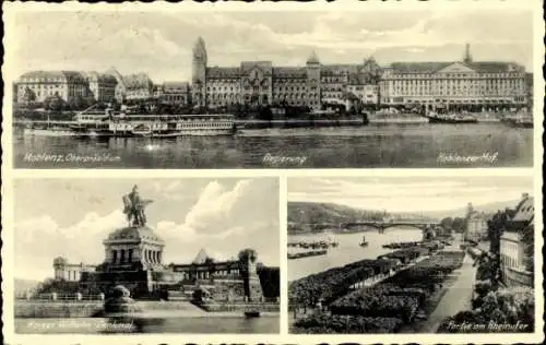 Ak Koblenz am Rhein, Oberpräsidium, Regierung, Koblenzer Hof, Kaiser Wilhelm-Denkmal, Rheinufer