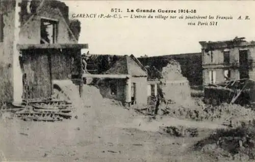 Ak Carency Pas de Calais, Entree du Village, Grande Guerre, Ruines