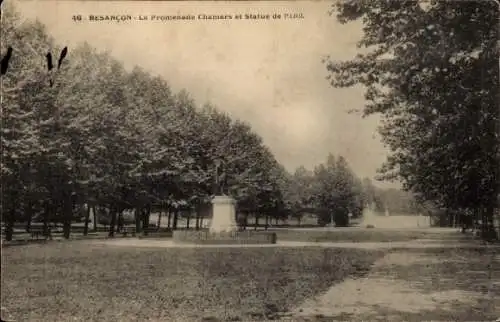 Ak Besançon Doubs, Promenade Chamars, Statue de Pajol