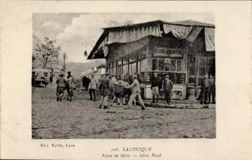 Ak Thessaloniki Griechenland, Route de Seres, Straßenpartie, Geschäft