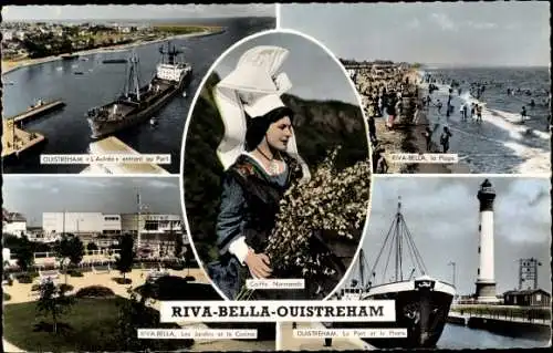 Ak Riva Bella Ouistreham Calvados, Strand, Hafen, Gärten, Kasino, Leuchtturm, Frau in Tracht