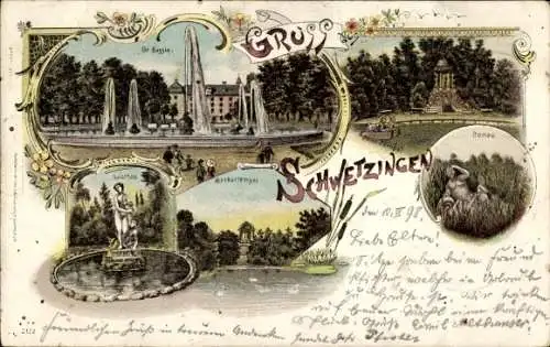 Litho Schwetzingen in Baden, Schlossgarten, Gr. Bassin, Merkurtempel, Apollotempel, Donau