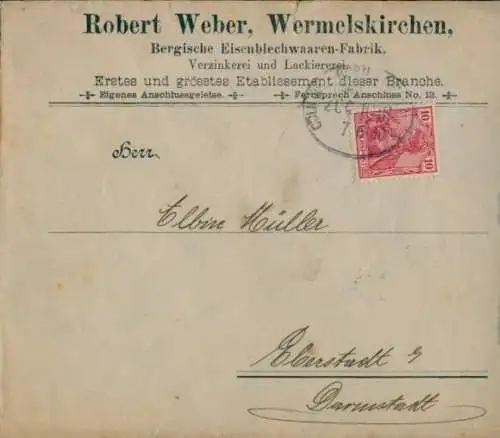 Bahnpoststempel Cöln (Rh.) - Korn...?, auf Brief, Bergische Eisenblechwaren-Fabrik Robert Weber