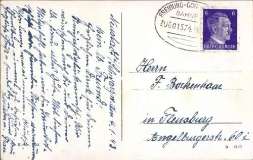 Bahnpoststempel Freiburg - Donaueschingen, Zug 01574, auf Ak