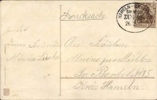 Bahnpoststempel Hameln - Bielefeld, Zug 424, auf Ak