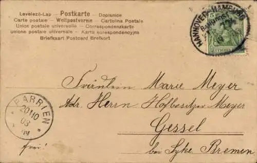 Bahnpoststempel Hannover - Hamburg, Zug 774, auf Ak