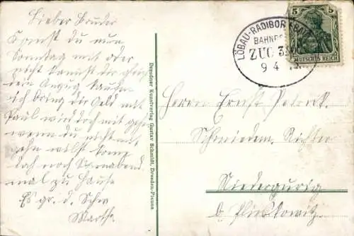 Bahnpoststempel Löbau - Radibor - Bautzen, Zug 3..., 9.4.16, auf Ak