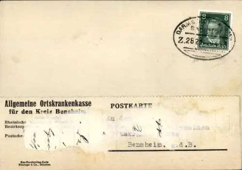 Bahnpoststempel Darmstadt - Worms, Zug 2821, auf Postkarte