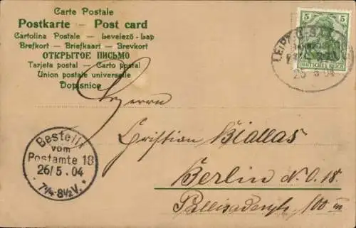 Bahnpoststempel Leipzig - Saalfeld, Zug 373, 25.5.04, auf Ak