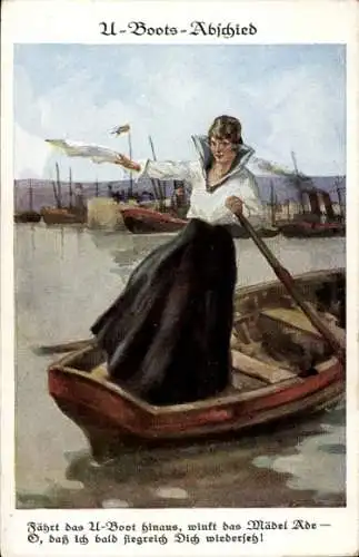 Künstler Ak U-Boots-Abschied, winkende Frau im Ruderboot
