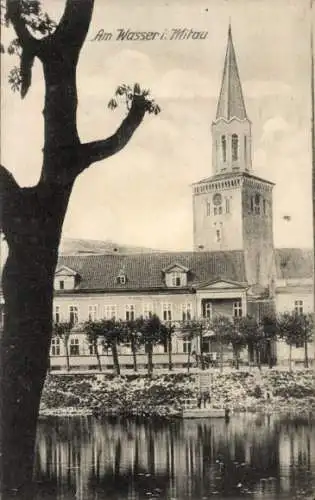 Ak Jelgava Mitau Lettland, Partie am Wasser, Kirche