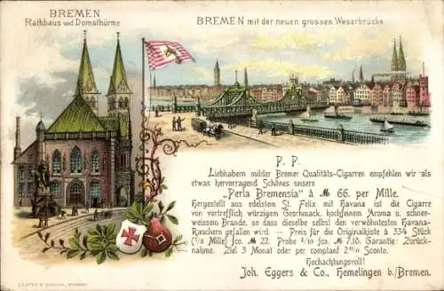 Wappen Litho Hansestadt Bremen, Rathaus, Domtürme, große Weserbrücke