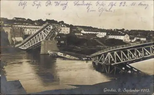 Ak Hrodna Grodno Weißrussland, Zerstörte Brücke, September 1915