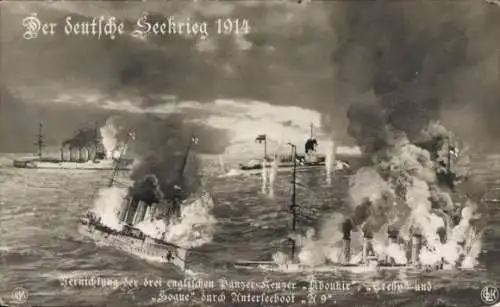 Ak Vernichtung englischer Panzerkreuzer Aboukir, Cressy, Hogue durch U 9, I WK