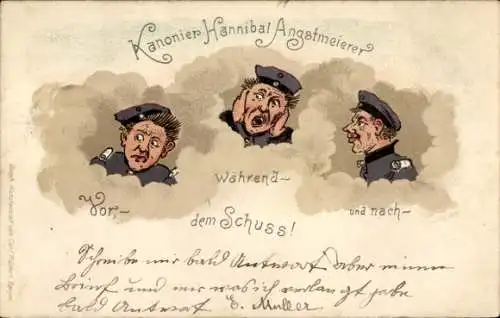 Litho Kanonier Hannibal Angstmeierer, vor, während und nach dem Schuss