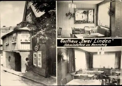 Ak Schmiedefeld am Rennsteig Suhl Thüringen, Gasthaus "Zwei Linden", Außenansicht, Innenansichten