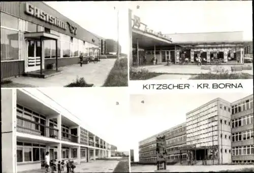 Ak Kitzscher in Sachsen, Klubgaststätte, Konsum-Kaufhalle, Kinderkrippe, Polytechnische Oberschule