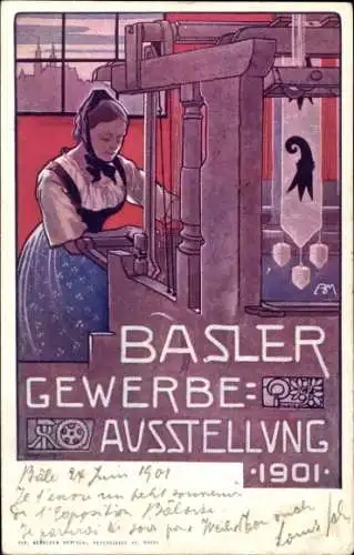 Künstler Ak Bâle Basel Stadt Schweiz, Gewerbeausstellung 1901, Frau in Tracht am Webstuhl