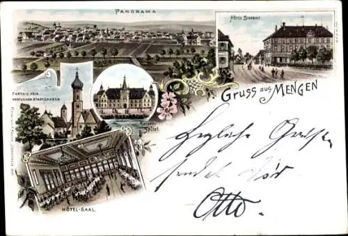 Litho Mengen in Oberschwaben Württemberg, Spital, Hotel, Kirche, Panorama