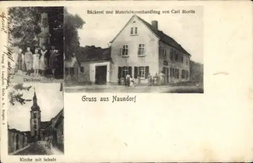 Ak Naundorf im Geiseltal Saalekreis, Bäckerei und Materialwarenhandlung, Kirche, Schule